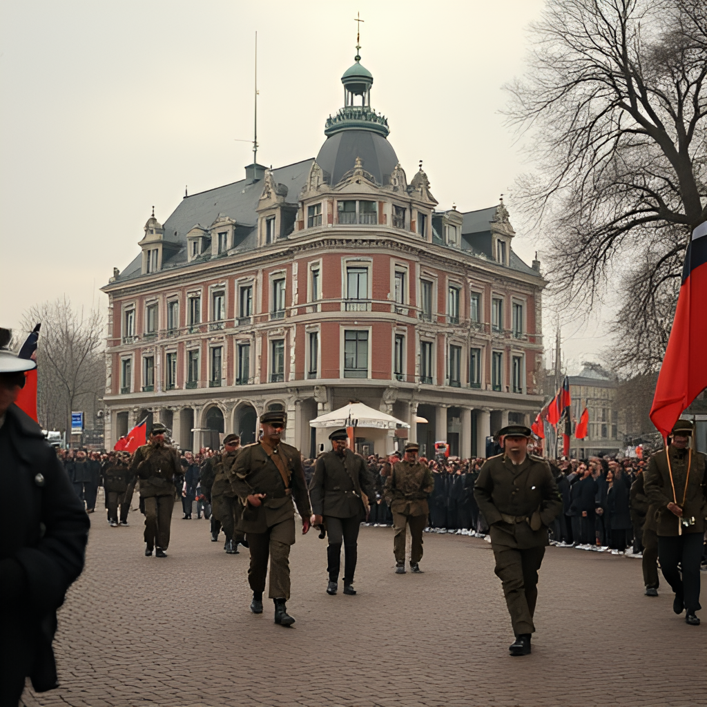 An evocative image depicting the historical significance of Liberation Day in Wageningen, perhaps showing Hotel De Wereld or a military parade, conveying a sense of history and remembrance.