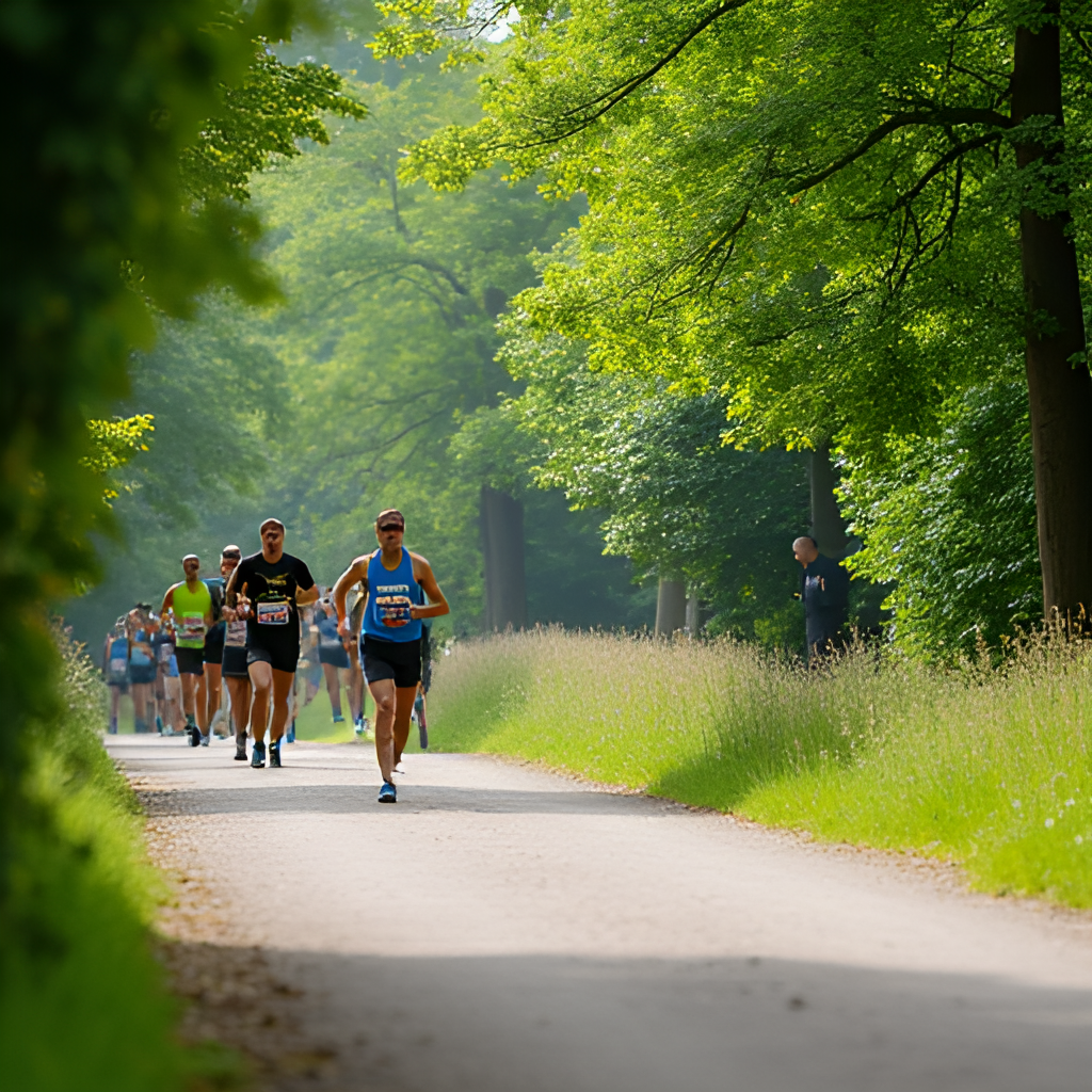 A scenic view of runners in the Utrecht Marathon passing by a picturesque green area or park near Utrecht, with the focus on the natural beauty of the route and the runners' determination.
