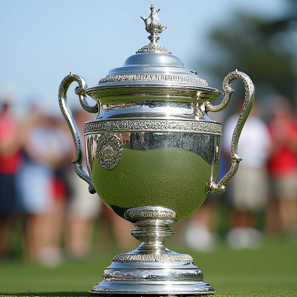 A close-up shot of the Wanamaker Trophy, showcasing its intricate details and imposing size, perhaps with a blurred background of a golf course or cheering crowd