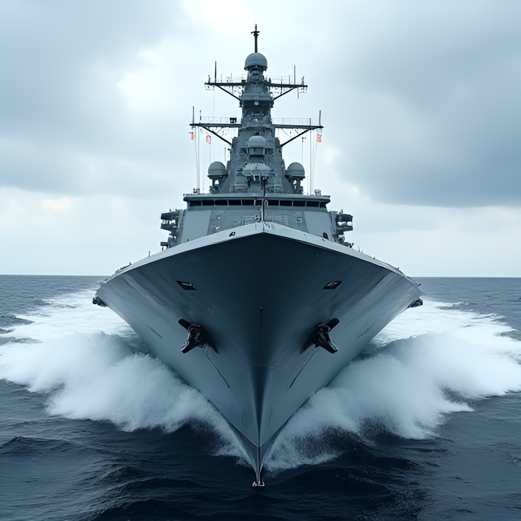 A dynamic, wide-angle shot of a modern stealth frigate cutting through choppy waters at high speed, with a dramatic sky in the background. Focus on the ship's sleek, angular design.