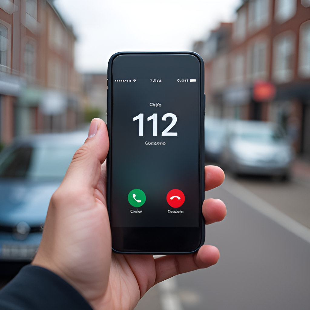 A hand holding a smartphone with the 112 calling screen displayed, set against a slightly blurred background of a street in Almere, illustrating the act of calling for help.