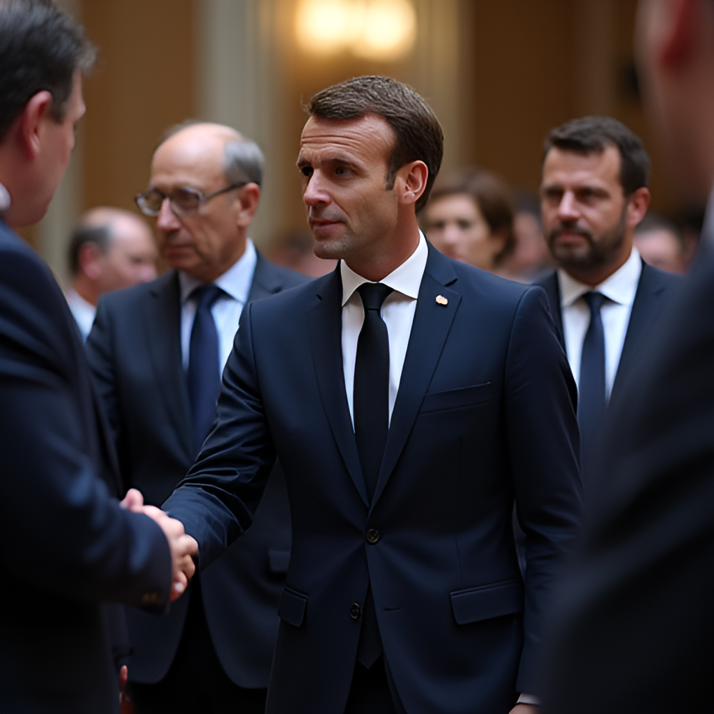 Emmanuel Macron standing with other European leaders at a summit, in a formal setting, perhaps shaking hands or in discussion. Wide shot. Photorealistic style.