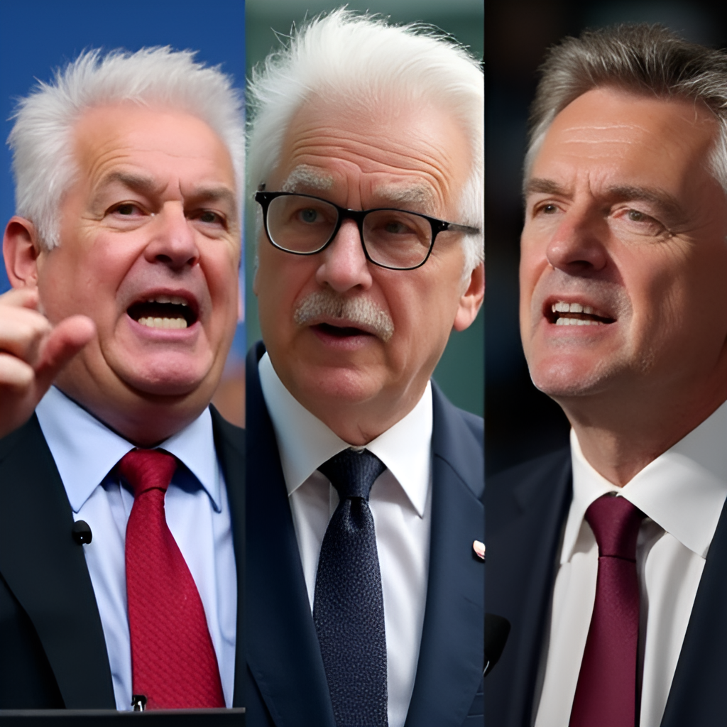 A split image or collage showing different facets of Geert Wilders' political communication: one panel shows him speaking passionately at a rally, another shows him engaged in a parliamentary debate, and a third shows him interacting with journalists during a press moment. The style should be realistic and news-like.