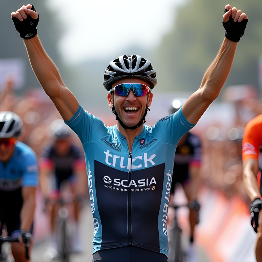 A photo of Simon Yates celebrating a stage win in a cycling race, arms raised, surrounded by cheering crowds or teammates, capturing the emotion of victory.