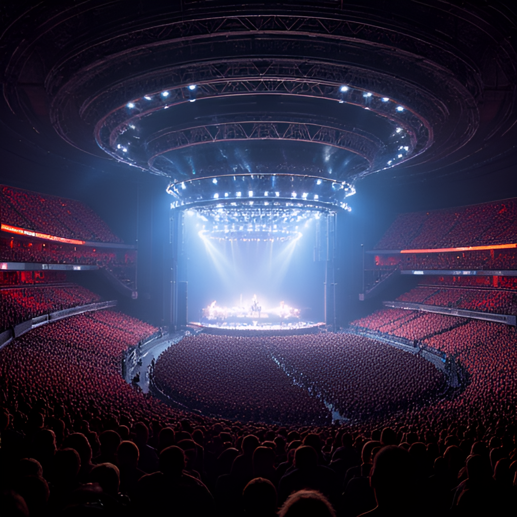 An interior view of the Ziggo Dome during a large concert, showing a packed crowd, the stage with a band performing under dynamic lighting, and the tiered seating rings rising around the central floor area