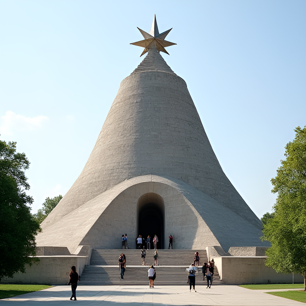 A photo of the Kurgan of Immortality in Bryansk, showing the large mound topped with a star, with visitors in the foreground and trees surrounding the monument.