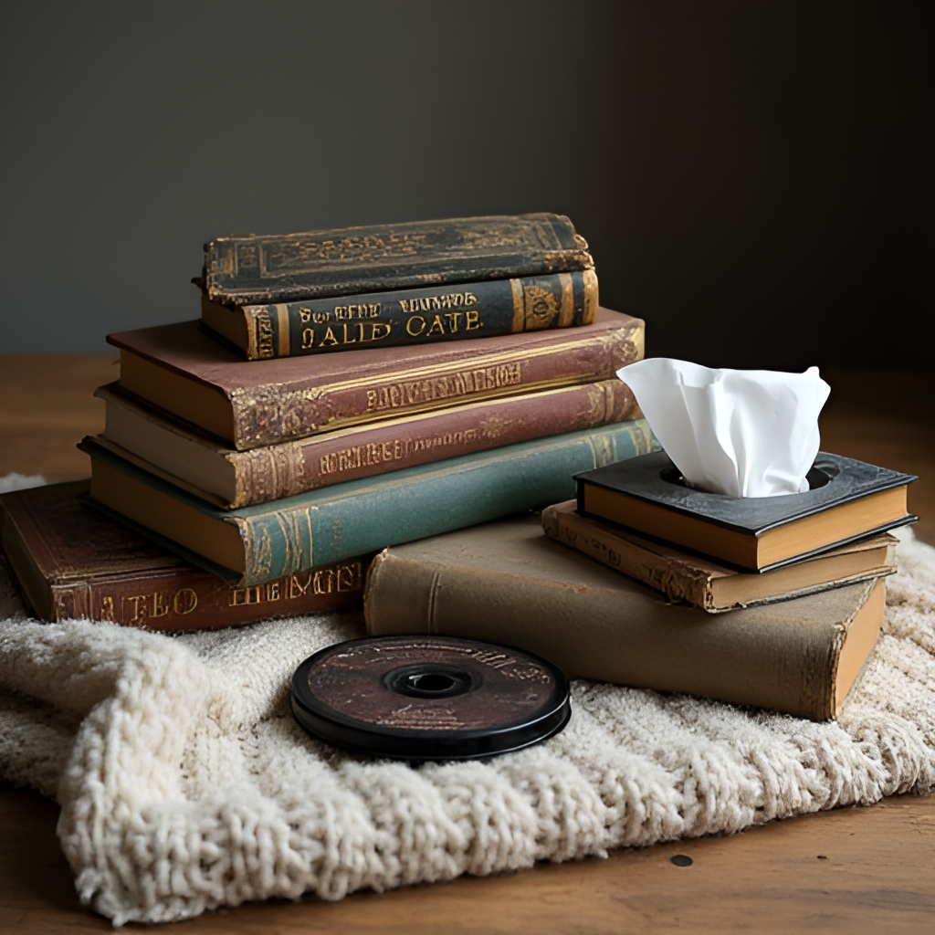 A collection of diverse items symbolizing different forms of 'tranentrekkers': a stack of classic tearjerker books, a vintage film reel, a CD or record of a sad song, and a box of tissues, arranged artfully on a cozy surface like a blanket or wooden table.