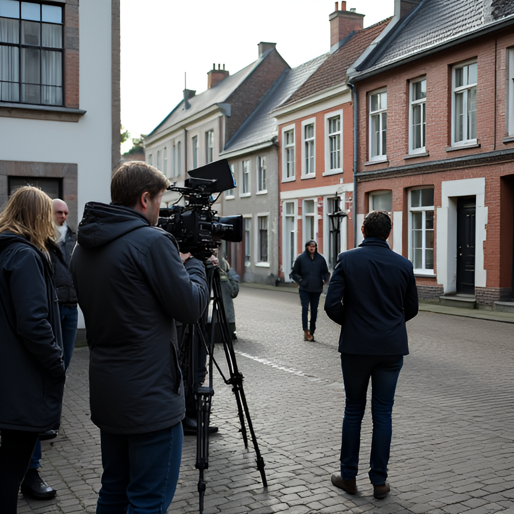 A behind-the-scenes shot on the set of Flikken Maastricht, showing a director and camera crew filming a scene in one of the recognizable locations (e.g., the police station exterior or Pension de Ponti interior set), capturing the production process.