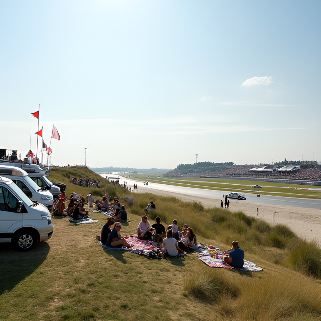 A wide shot capturing the lively atmosphere at DTM Zandvoort, showing fans picnicking on the grass dunes with a view of the track, parked camper vans, flags waving, and race cars in the distance on the circuit