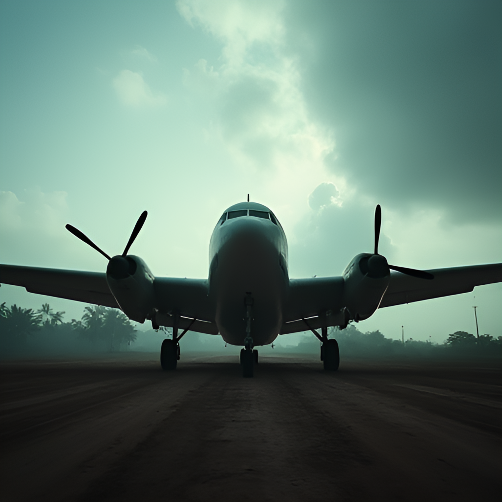 A dramatic, low-angle photo of a small, vintage cargo plane silhouetted against a cloudy sky, parked on a makeshift dirt airstrip in a remote, tropical location, suggesting clandestine activity.