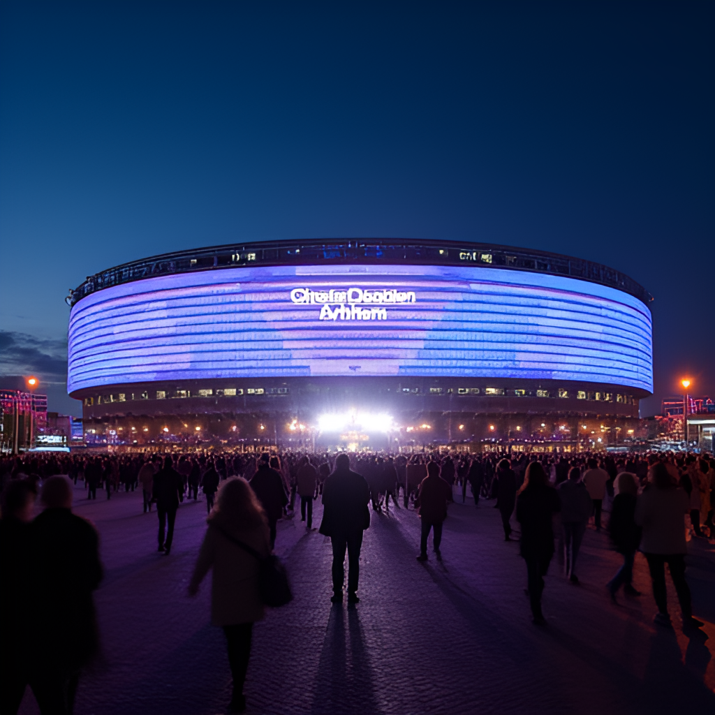 An exterior shot of the GelreDome stadium in Arnhem at night, illuminated with concert lighting, with crowds of people walking towards the entrance, conveying the scale of the event.