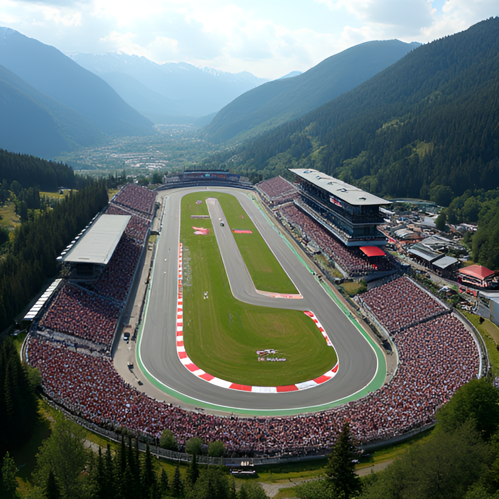 An aerial view looking down at the Red Bull Ring circuit, showing its layout nestled within the picturesque Austrian landscape. Include grandstands packed with fans, particularly emphasizing a section with Dutch 'Orange Army' supporters.
