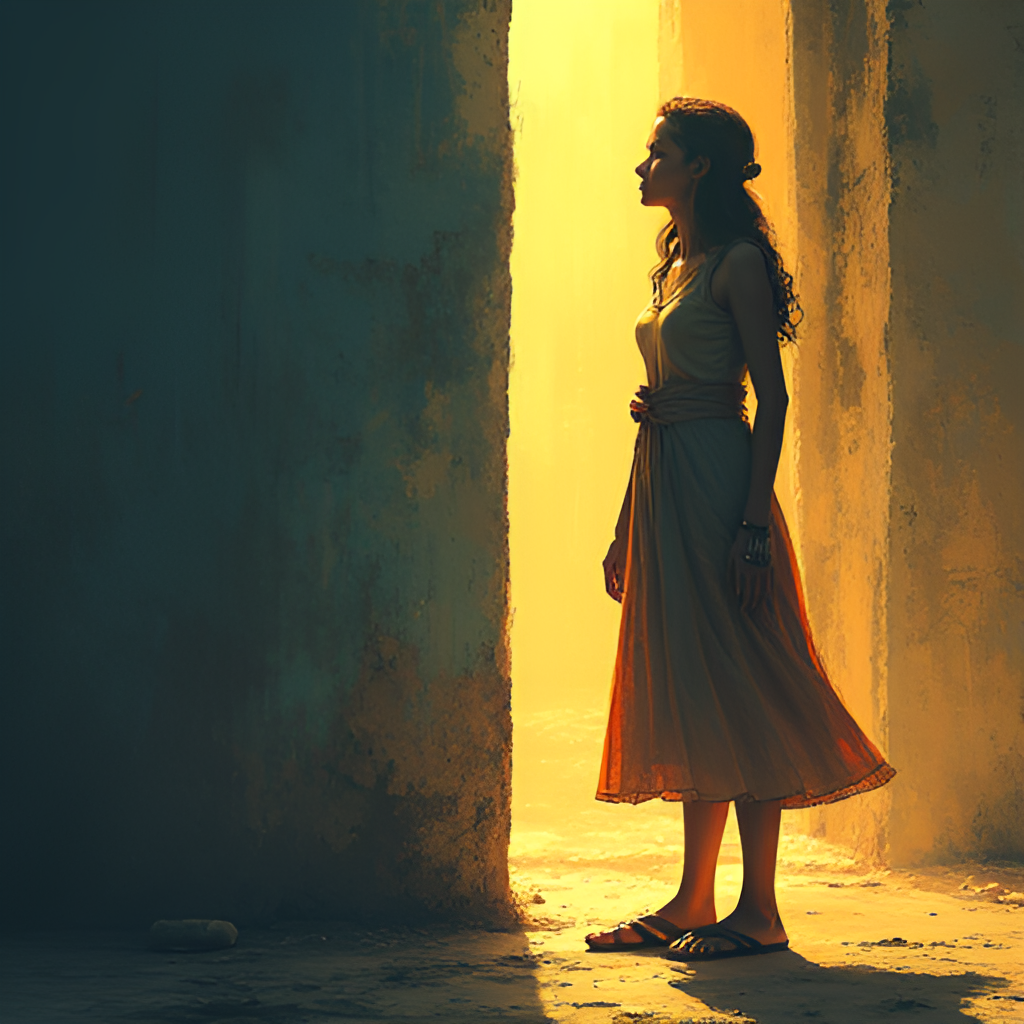 An illustrative image depicting the contrast between a dark, challenging past (perhaps subtly hinted at through shadows or symbolic elements) and a brighter, more empowered present, representing Archita Phukan's journey of overcoming hardship and using her platform for good.